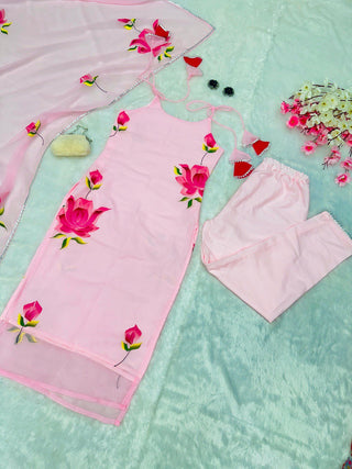 Baby Pink Ri8 Fashion Exclusive Floral Handpainted Straight Cut Suit Clothsvilla
