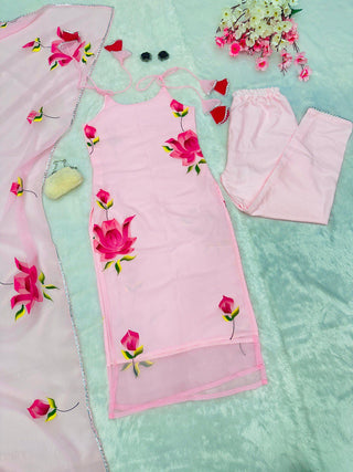 Baby Pink Ri8 Fashion Exclusive Floral Handpainted Straight Cut Suit Clothsvilla