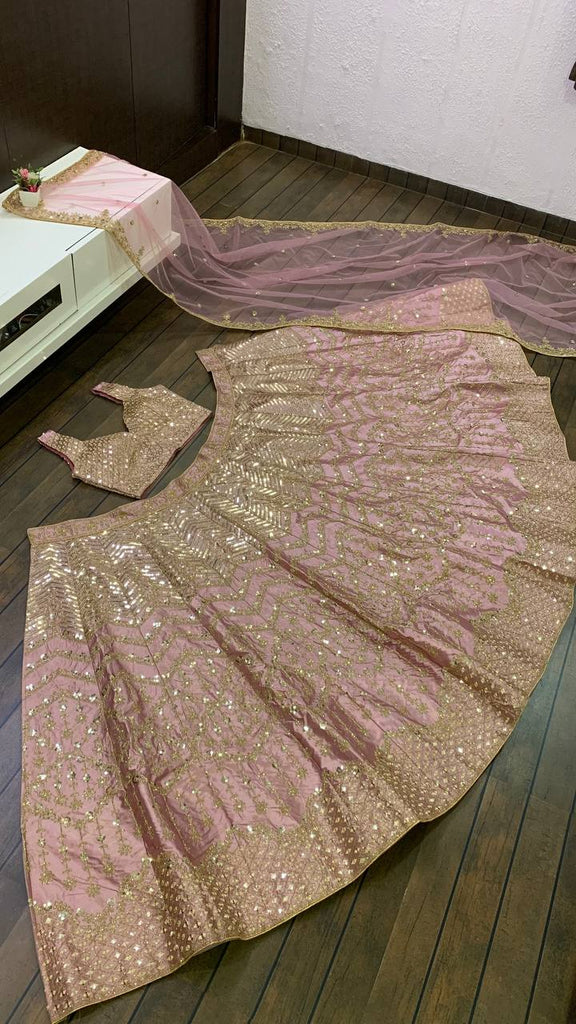 Baby Pink Satin Silk Embroidered Lehenga Choli Set with Net Dupatta – Zari, Sequin & Dori Work ClothsVilla