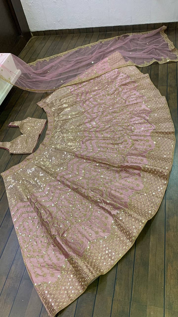 Baby Pink Satin Silk Embroidered Lehenga Choli Set with Net Dupatta – Zari, Sequin & Dori Work ClothsVilla