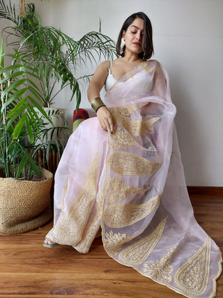 Baby Pink Semi-Pure Organza Saree with Exquisite Lucknowi Work & Matching Blouse ClothsVilla