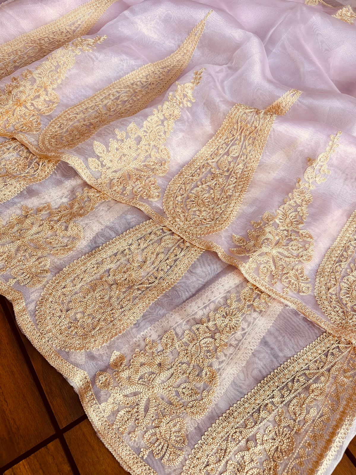 Baby Pink Semi-Pure Organza Saree with Exquisite Lucknowi Work & Matching Blouse ClothsVilla