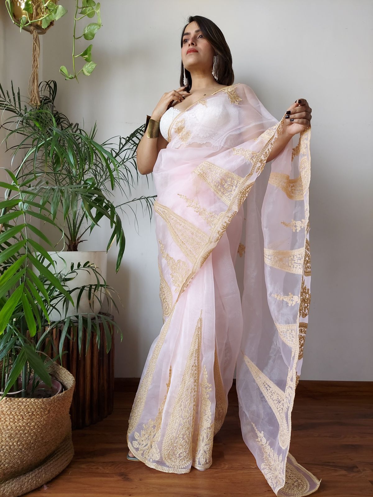 Baby Pink Semi-Pure Organza Saree with Exquisite Lucknowi Work & Matching Blouse ClothsVilla