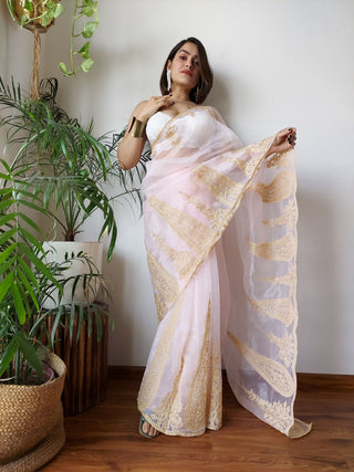 Baby Pink Semi-Pure Organza Saree with Exquisite Lucknowi Work & Matching Blouse ClothsVilla