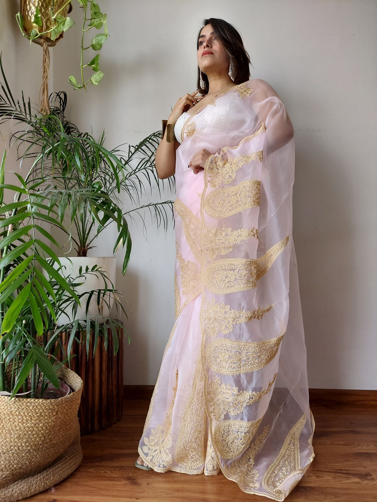 Baby Pink Semi-Pure Organza Saree with Exquisite Lucknowi Work & Matching Blouse ClothsVilla