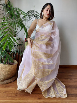 Baby Pink Semi-Pure Organza Saree with Exquisite Lucknowi Work & Matching Blouse ClothsVilla