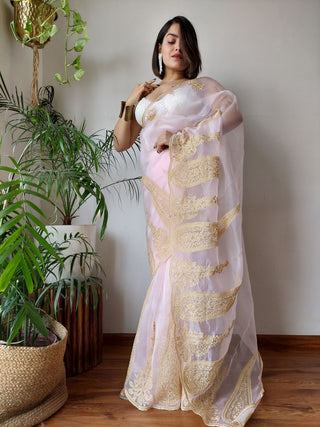 Baby Pink Semi-Pure Organza Saree with Exquisite Lucknowi Work & Matching Blouse ClothsVilla