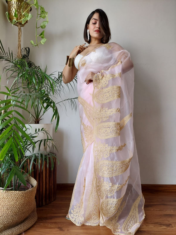 Baby Pink Semi-Pure Organza Saree with Exquisite Lucknowi Work & Matching Blouse ClothsVilla