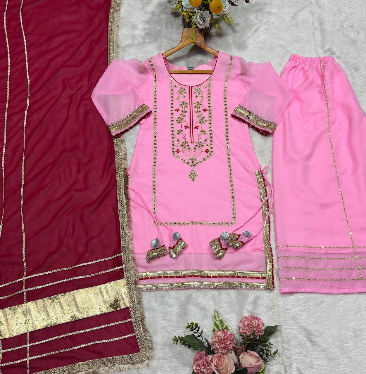 Baby Pink Silk Sharara Suit with Lace Work ClothsVilla