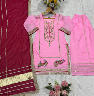 Baby Pink Silk Sharara Suit with Lace Work ClothsVilla