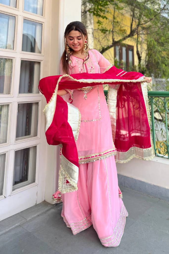 Baby Pink Silk Sharara Suit with Lace Work ClothsVilla