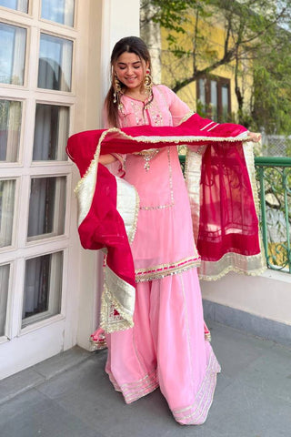 Baby Pink Silk Sharara Suit with Lace Work ClothsVilla