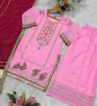 Baby Pink Silk Sharara Suit with Lace Work ClothsVilla