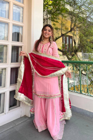 Baby Pink Silk Sharara Suit with Lace Work ClothsVilla
