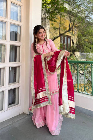 Baby Pink Silk Sharara Suit with Lace Work ClothsVilla