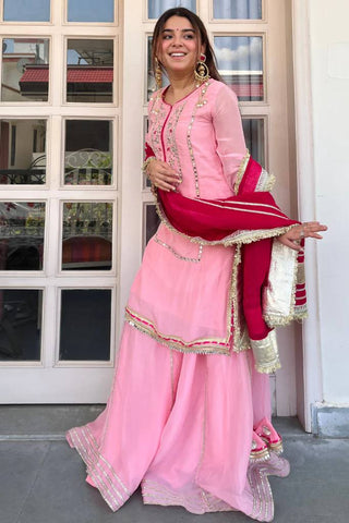 Baby Pink Silk Sharara Suit with Lace Work ClothsVilla
