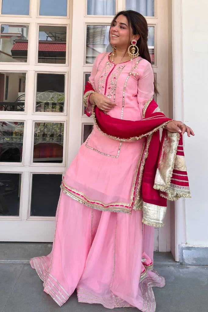 Baby Pink Silk Sharara Suit with Lace Work ClothsVilla