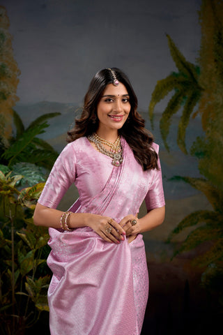 Baby Pink Timeless Kanjivaram Saree with Exquisite Zari Weaving ClothsVilla