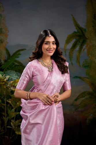Baby Pink Timeless Kanjivaram Saree with Exquisite Zari Weaving ClothsVilla