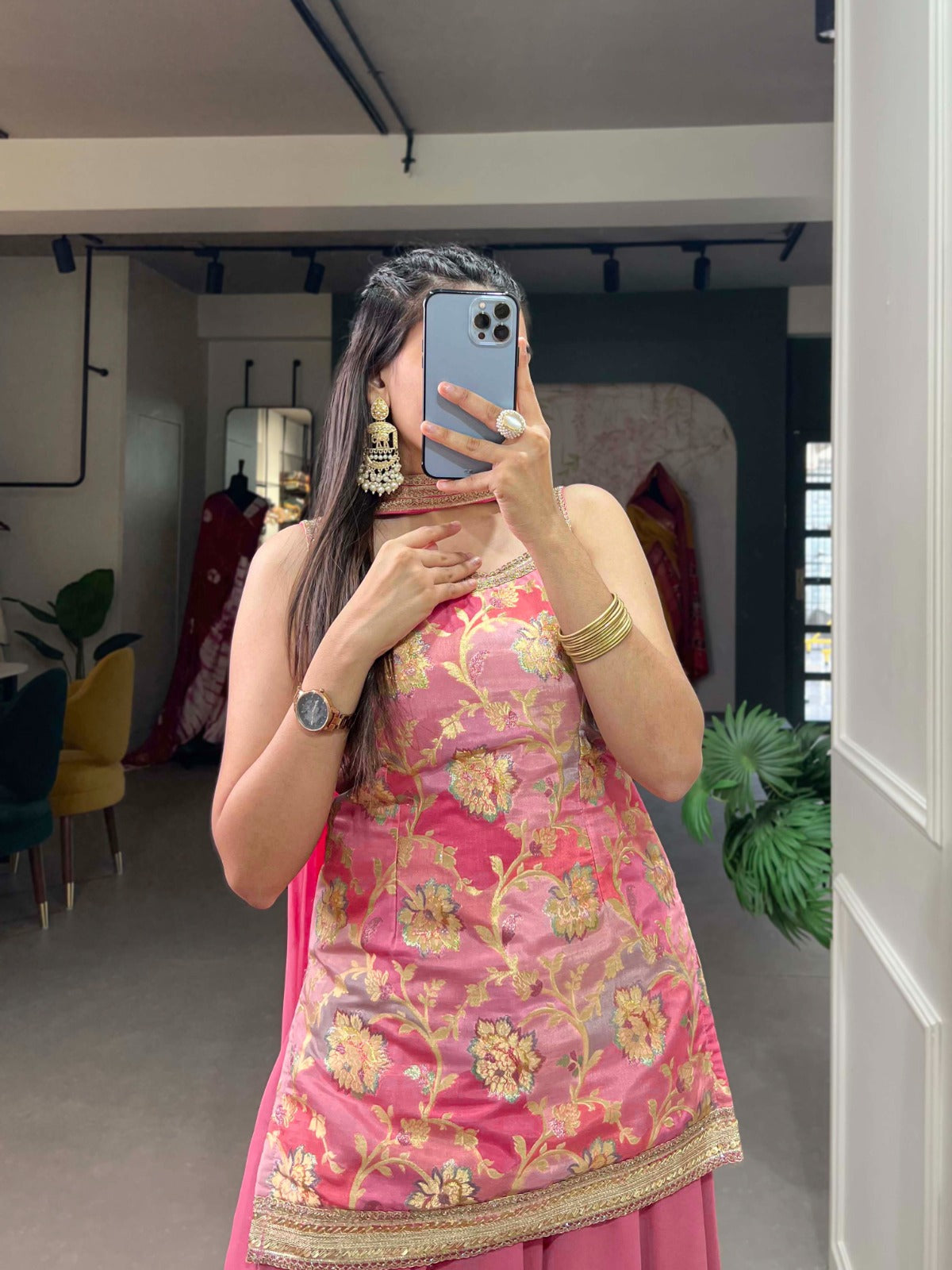 Baby Pink Viscose Jacquard Kurta Palazzo Set with Printed Dupatta ClothsVilla