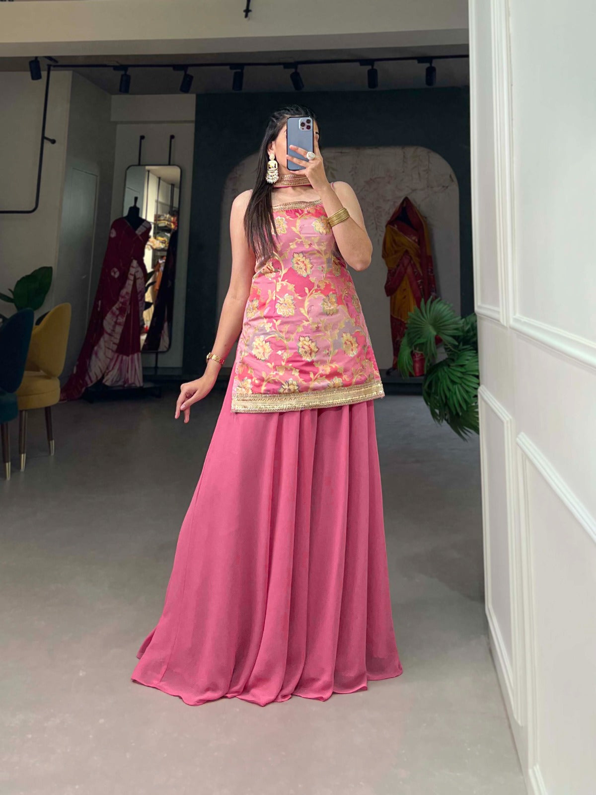 Baby Pink Viscose Jacquard Kurta Palazzo Set with Printed Dupatta ClothsVilla