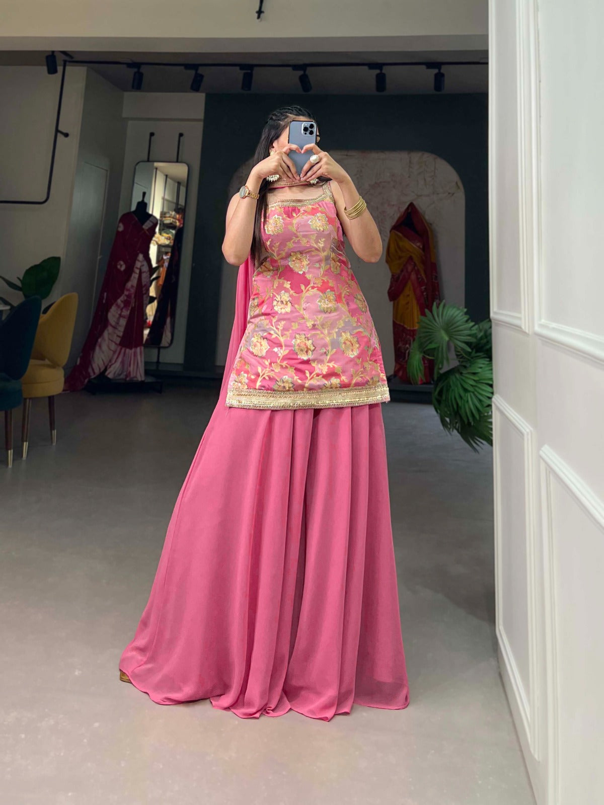 Baby Pink Viscose Jacquard Kurta Palazzo Set with Printed Dupatta ClothsVilla
