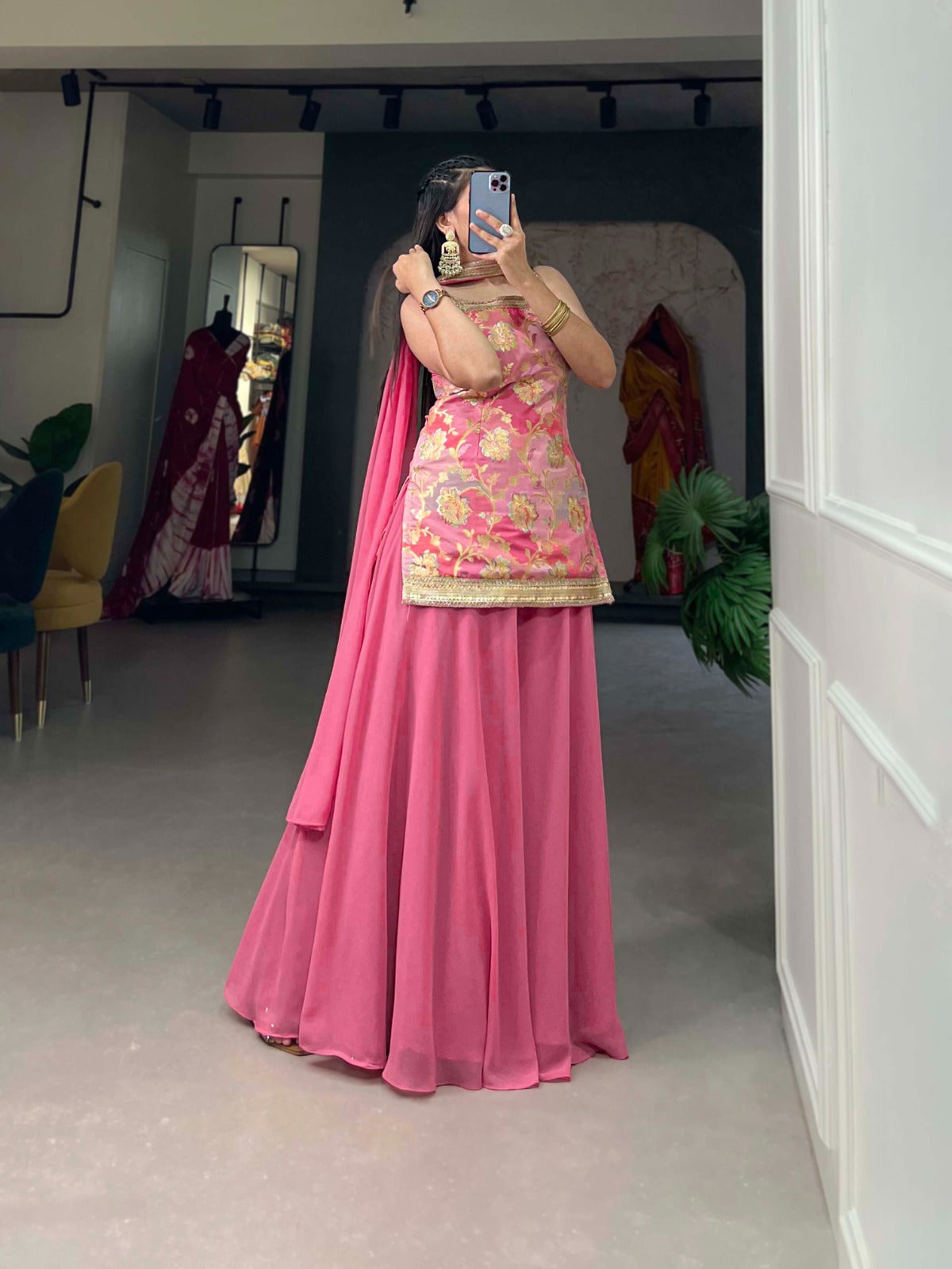 Baby Pink Viscose Jacquard Kurta Palazzo Set with Printed Dupatta ClothsVilla