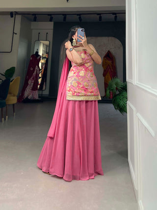 Baby Pink Viscose Jacquard Kurta Palazzo Set with Printed Dupatta ClothsVilla