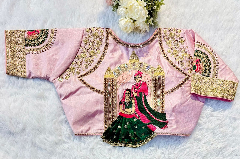 Baby Pink Wedding Wear Blouse in Raspberry Silk with Exquisite Embroidery and Sequins ClothsVilla