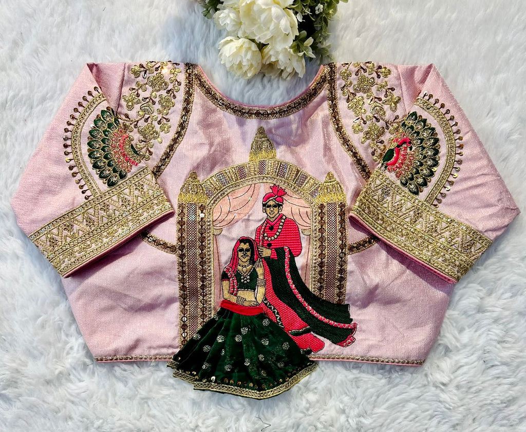 Baby Pink Wedding Wear Blouse in Raspberry Silk with Exquisite Embroidery and Sequins ClothsVilla