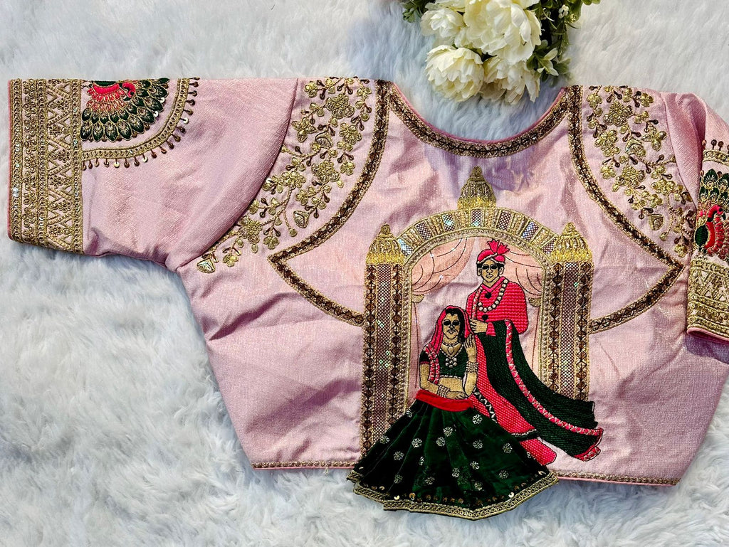 Baby Pink Wedding Wear Blouse in Raspberry Silk with Exquisite Embroidery and Sequins ClothsVilla