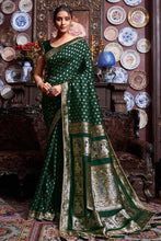 Load image into Gallery viewer, Banarasi Silk Fabric Dark Green Color Beautiful Look Saree ClothsVilla.com