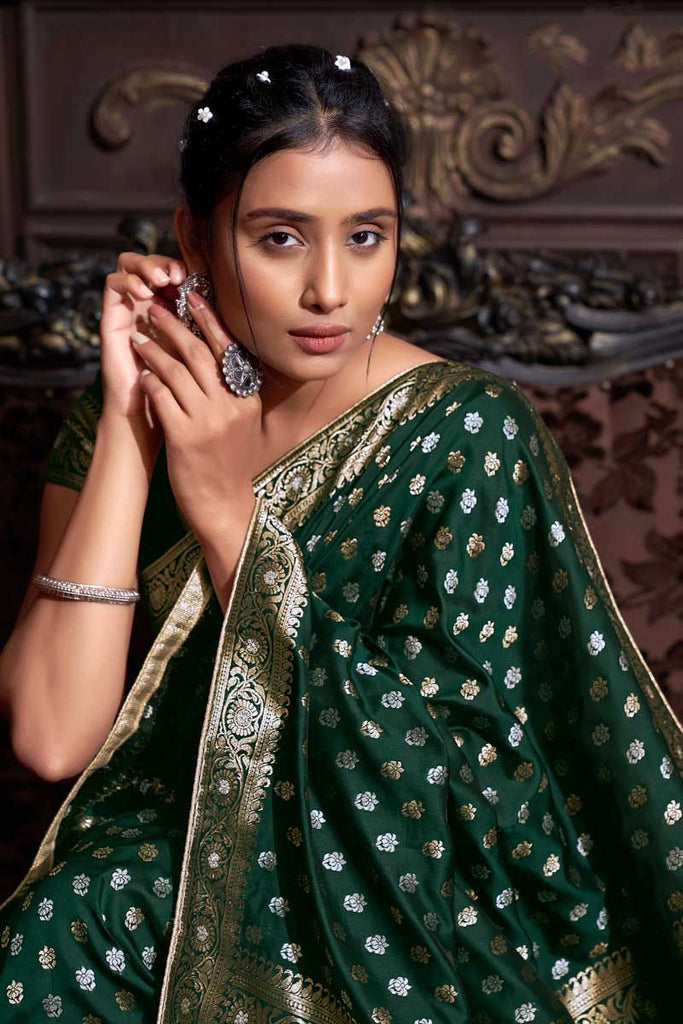 Banarasi Silk Fabric Dark Green Color Beautiful Look Saree ClothsVilla.com