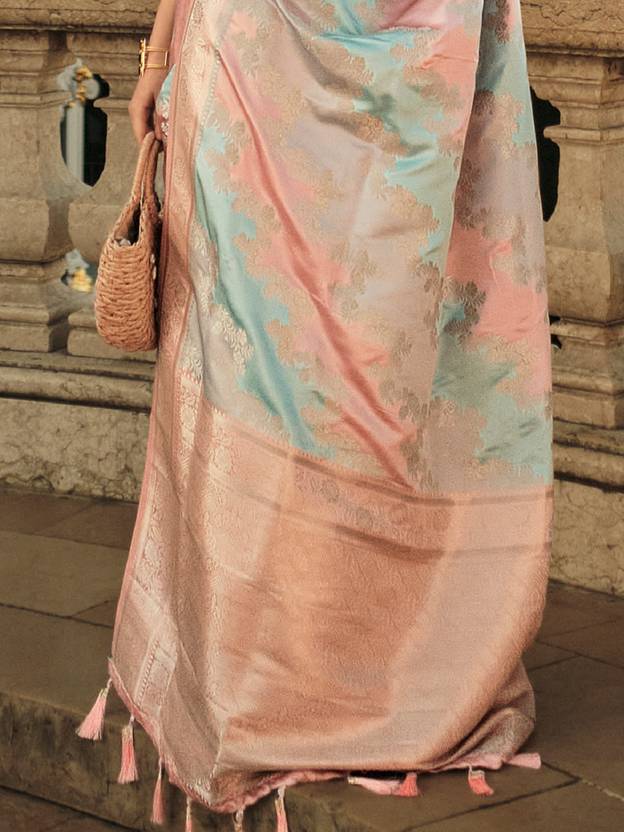Banarasi Woven Satin Silk Blend Saree with Tassels – Unstitched Blouse Piece ClothsVilla