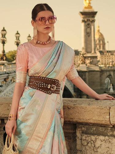 Banarasi Woven Satin Silk Blend Saree with Tassels – Unstitched Blouse Piece ClothsVilla