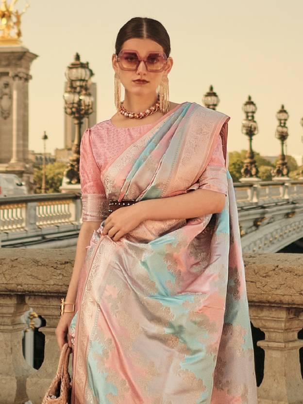 Banarasi Woven Satin Silk Blend Saree with Tassels – Unstitched Blouse Piece ClothsVilla