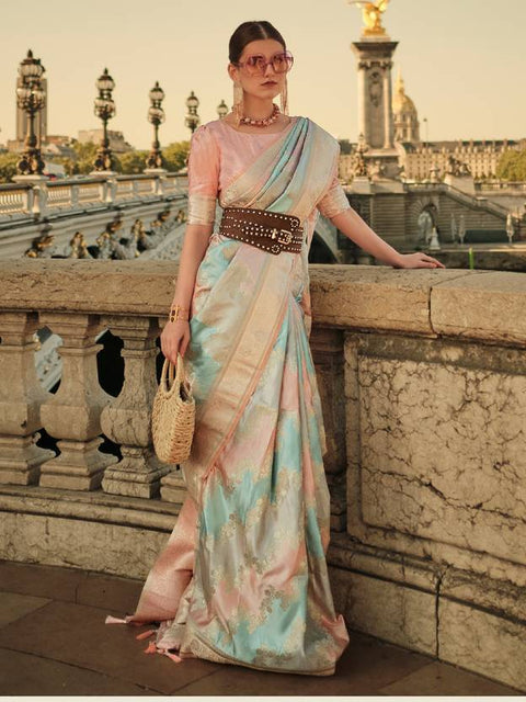 Banarasi Woven Satin Silk Blend Saree with Tassels – Unstitched Blouse Piece ClothsVilla Main image