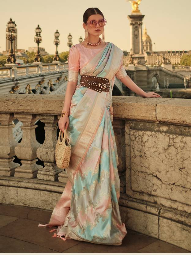 Banarasi Woven Satin Silk Blend Saree with Tassels – Unstitched Blouse Piece ClothsVilla