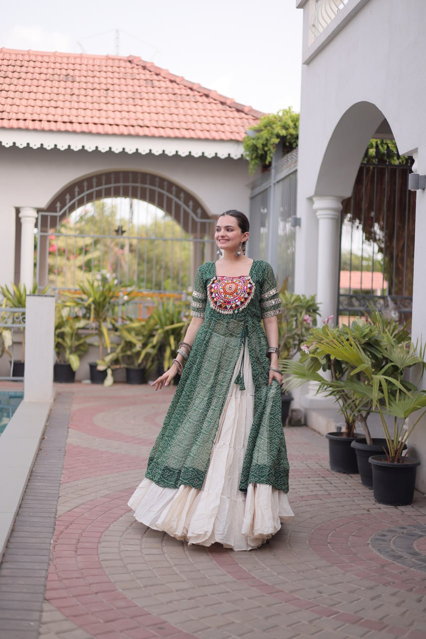 Bandhani Kurti with Kora Cotton Frill Lehenga Set ClothsVilla