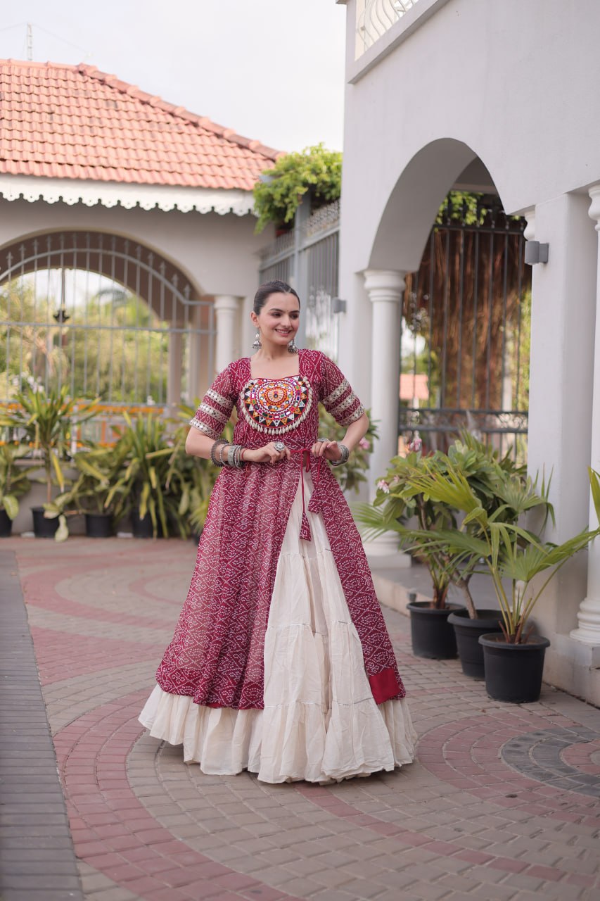 Bandhani Kurti with Kora Cotton Frill Lehenga Set ClothsVilla