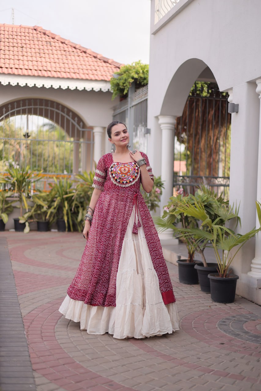 Bandhani Kurti with Kora Cotton Frill Lehenga Set ClothsVilla