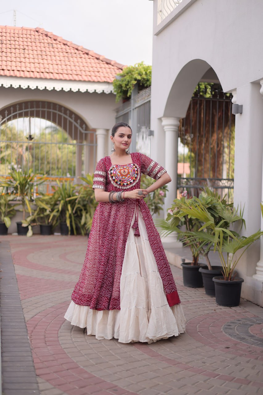 Bandhani Kurti with Kora Cotton Frill Lehenga Set ClothsVilla