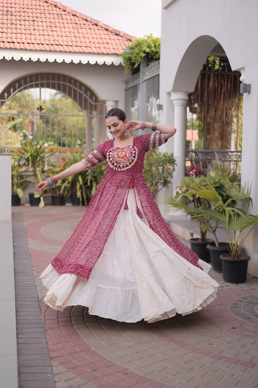 Bandhani Kurti with Kora Cotton Frill Lehenga Set ClothsVilla