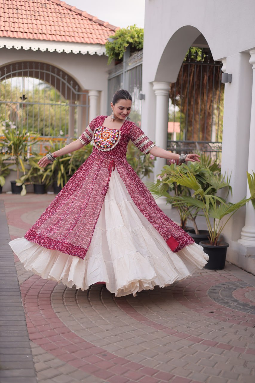 Bandhani Kurti with Kora Cotton Frill Lehenga Set ClothsVilla