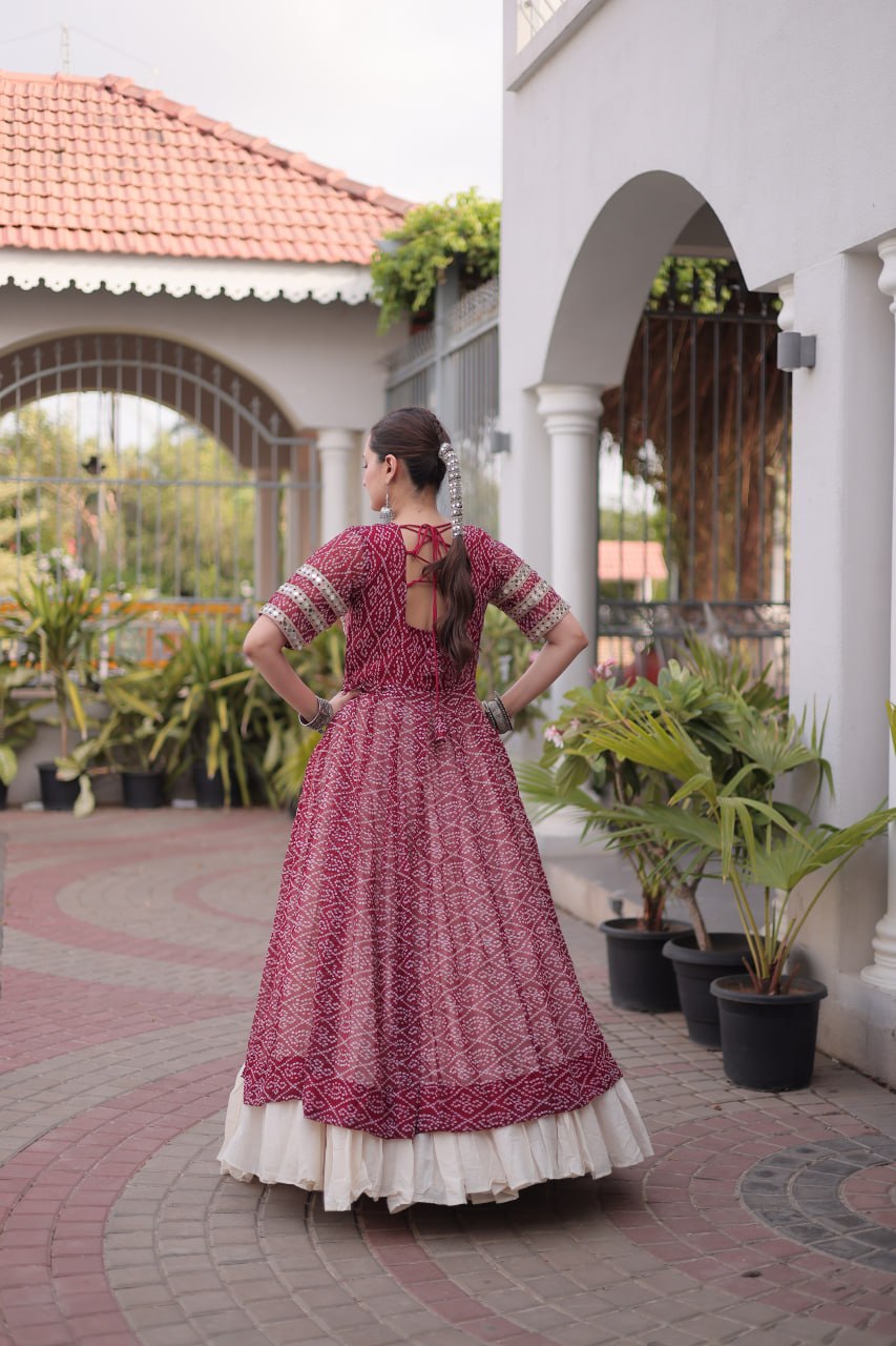 Bandhani Kurti with Kora Cotton Frill Lehenga Set ClothsVilla