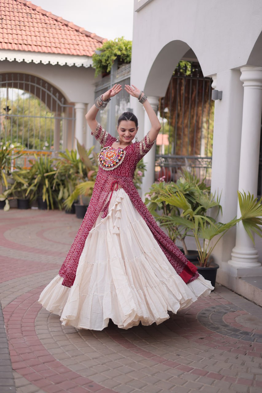 Bandhani Kurti with Kora Cotton Frill Lehenga Set ClothsVilla