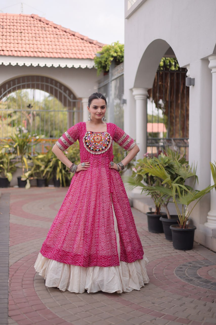 Bandhani Kurti with Kora Cotton Frill Lehenga Set ClothsVilla