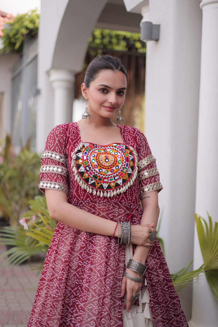 Bandhani Kurti with Kora Cotton Frill Lehenga Set ClothsVilla