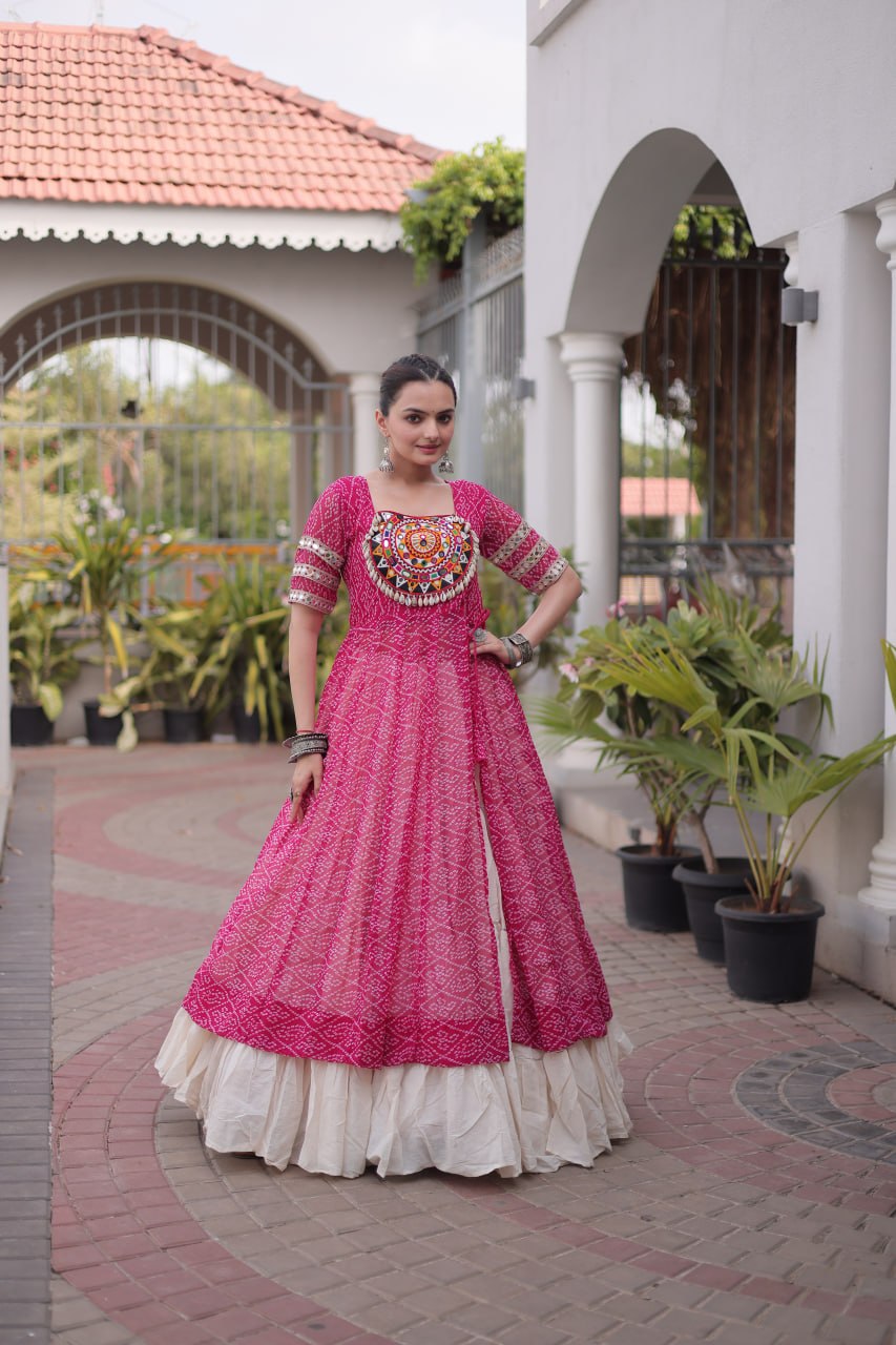 Bandhani Kurti with Kora Cotton Frill Lehenga Set ClothsVilla