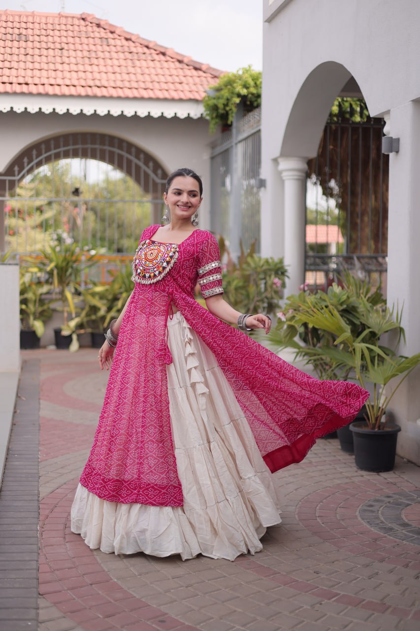 Bandhani Kurti with Kora Cotton Frill Lehenga Set ClothsVilla